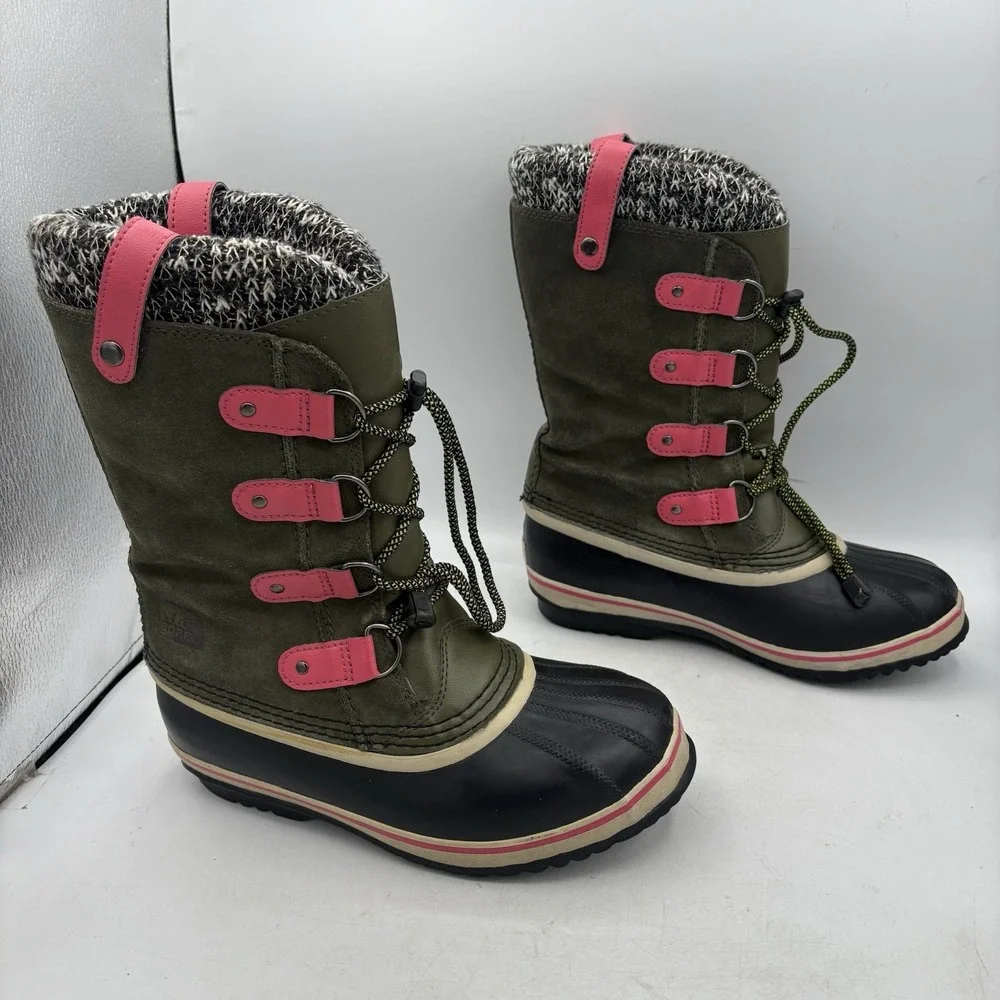 Sorel Winter Boots Girls Youth Size 6 Joan Of Arctic Olive Green Snow Pink Draw